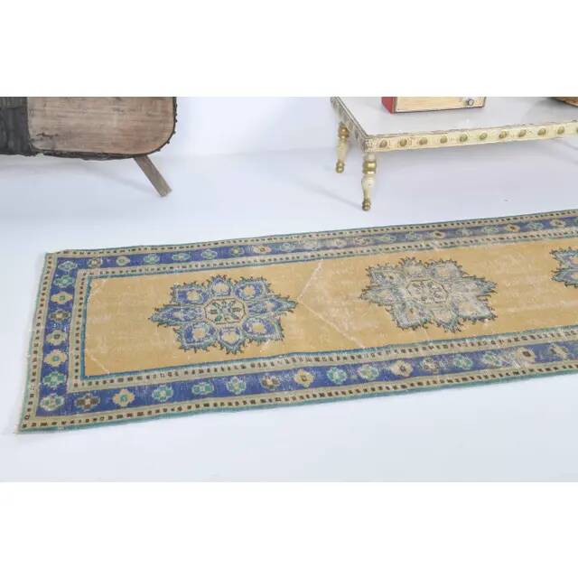 Vintage Turkish hand-knotted wool cotton yellow runner 78x340