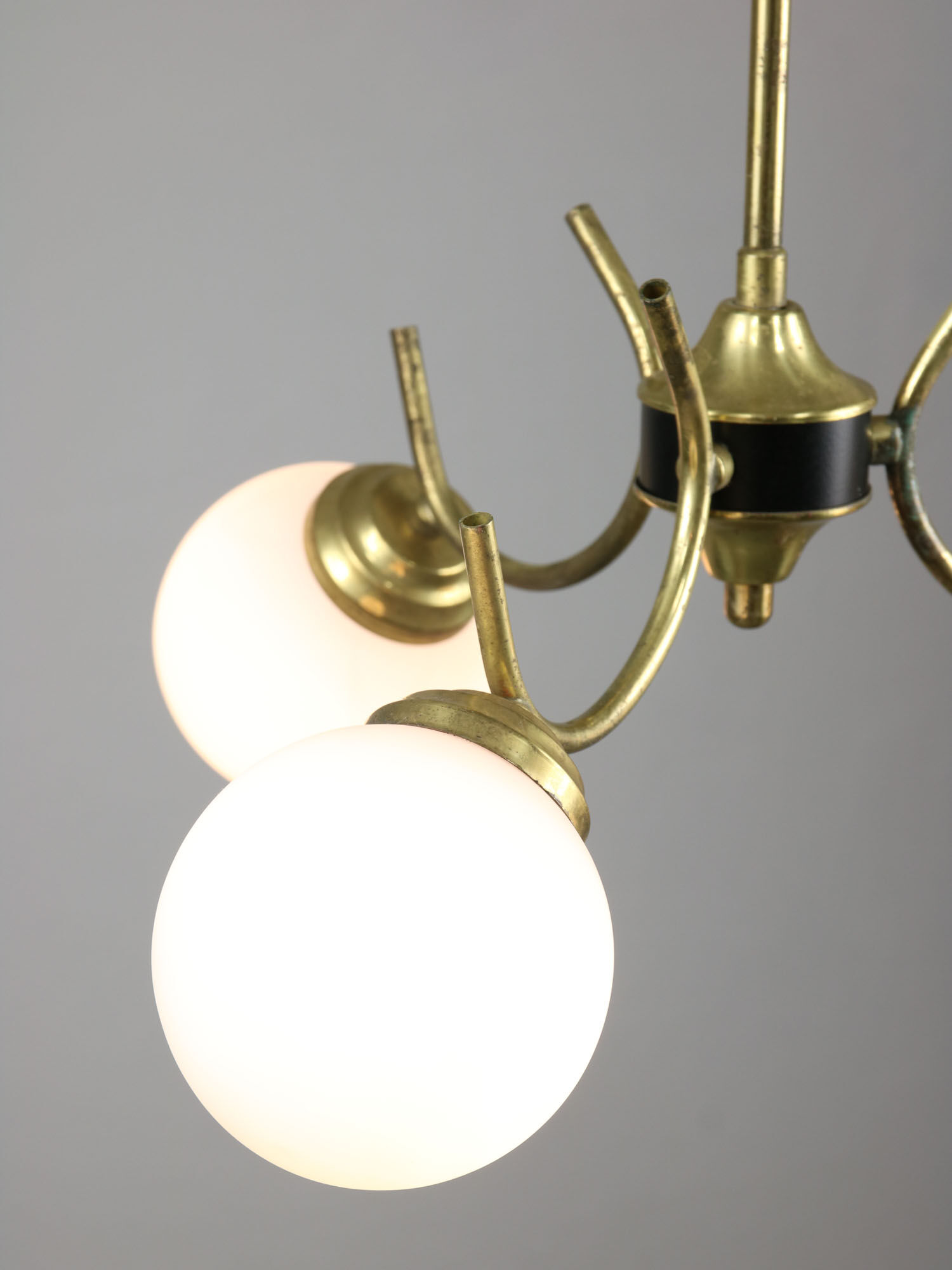 Italian Mid-century Brass and Opaline Glass Chandelier