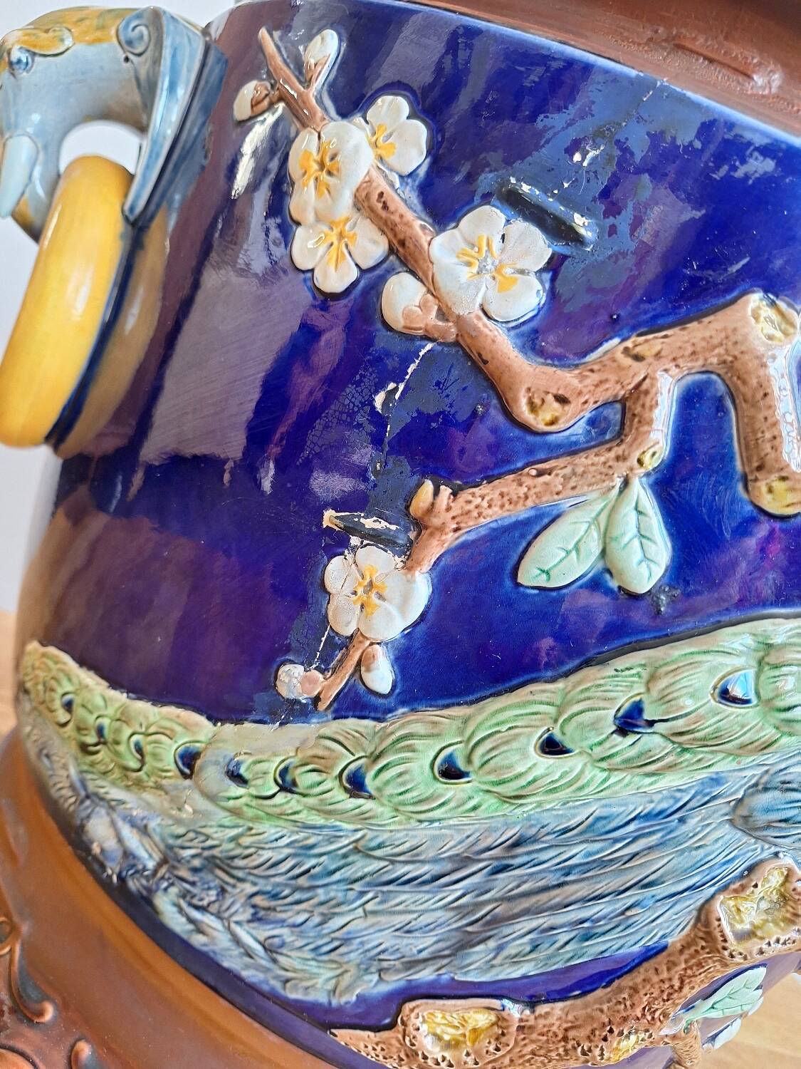 Large antique majolica cache pot, planter by Joseph Holdcroft.