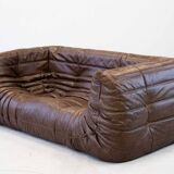 Vintage two-seater Togo sofa with arms in brown leather by Michel Ducaroy for Ligne Roset, 1970s