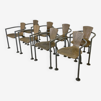 Set of 8 vintage university canteen chairs 1980