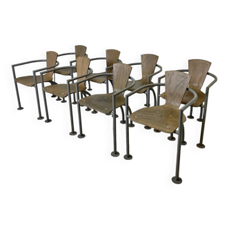 Set of 8 vintage university canteen chairs 1980