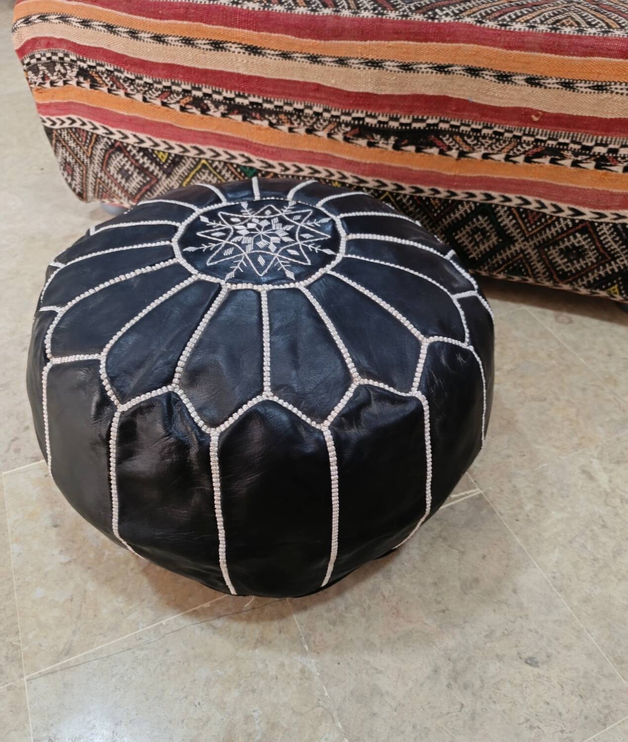 Moroccan pouf in embroidered black leather (without padding)
