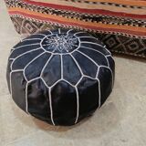 Moroccan pouf in embroidered black leather (without padding)