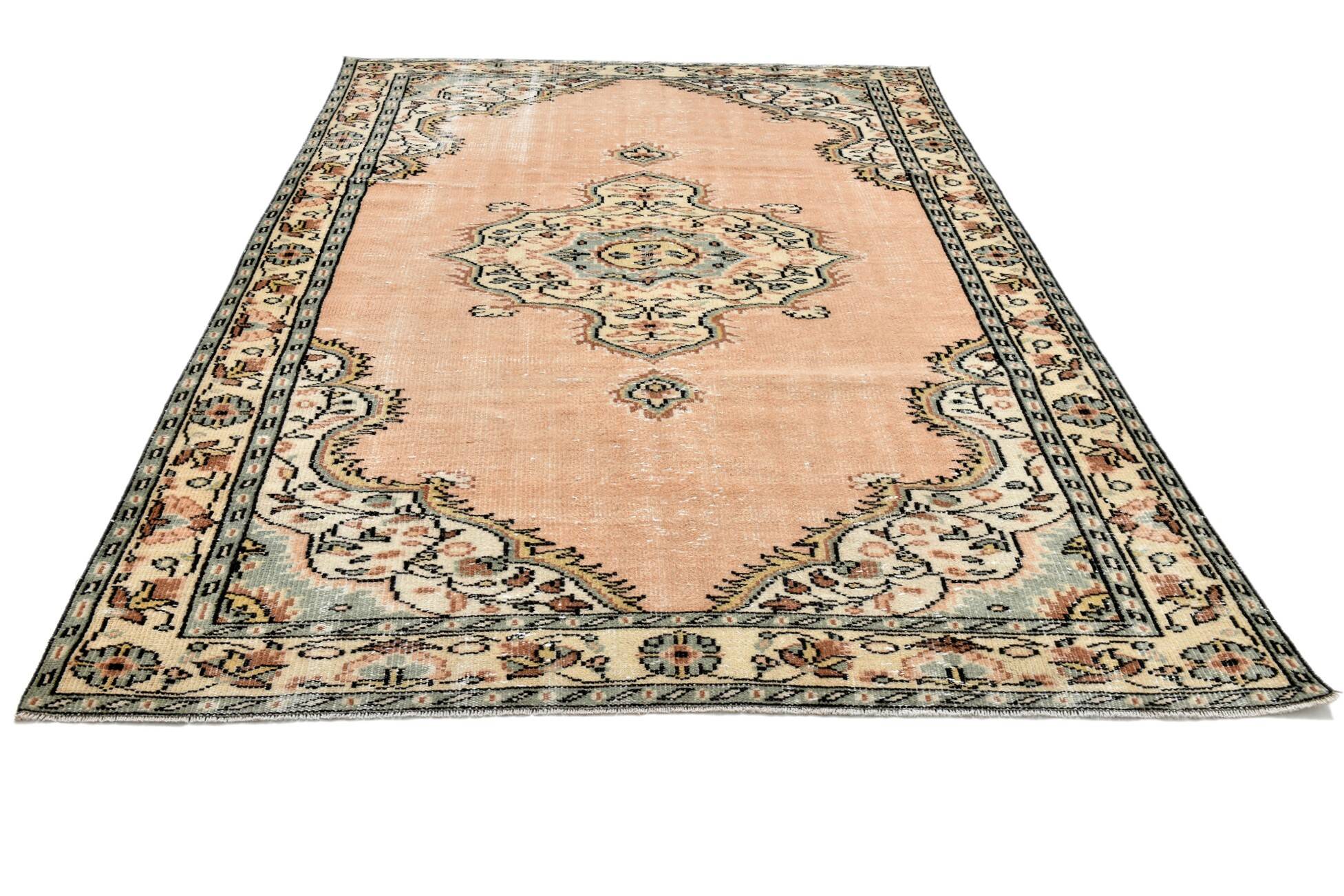 6x9 Peach & Light Green Oriental Vintage Area Rug, 183x273Cm