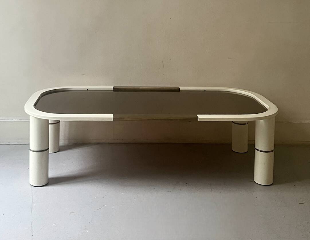 Rectangular coffee table with rounded edges, lacquered metal, brass & smoked mirror, 70s design.
