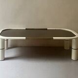 Rectangular coffee table with rounded edges, lacquered metal, brass & smoked mirror, 70s design.