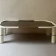 Rectangular coffee table with rounded edges, lacquered metal, brass & smoked mirror, 70s design.