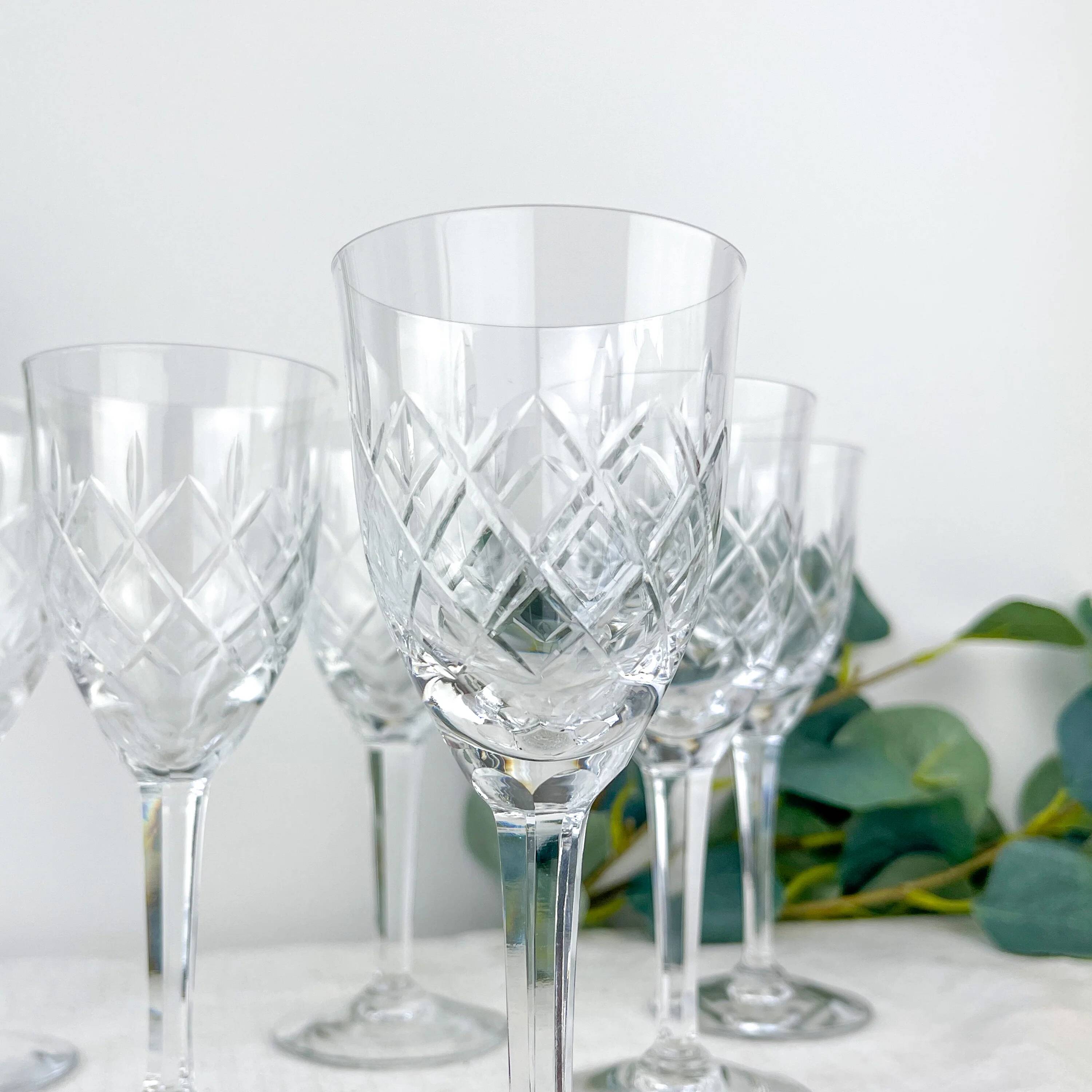 6 vintage cut crystal water glasses – Lorraine Lemberg Glassworks with original label (1950s–1970s)