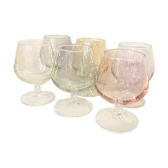 Set of 6 colored cognac glasses