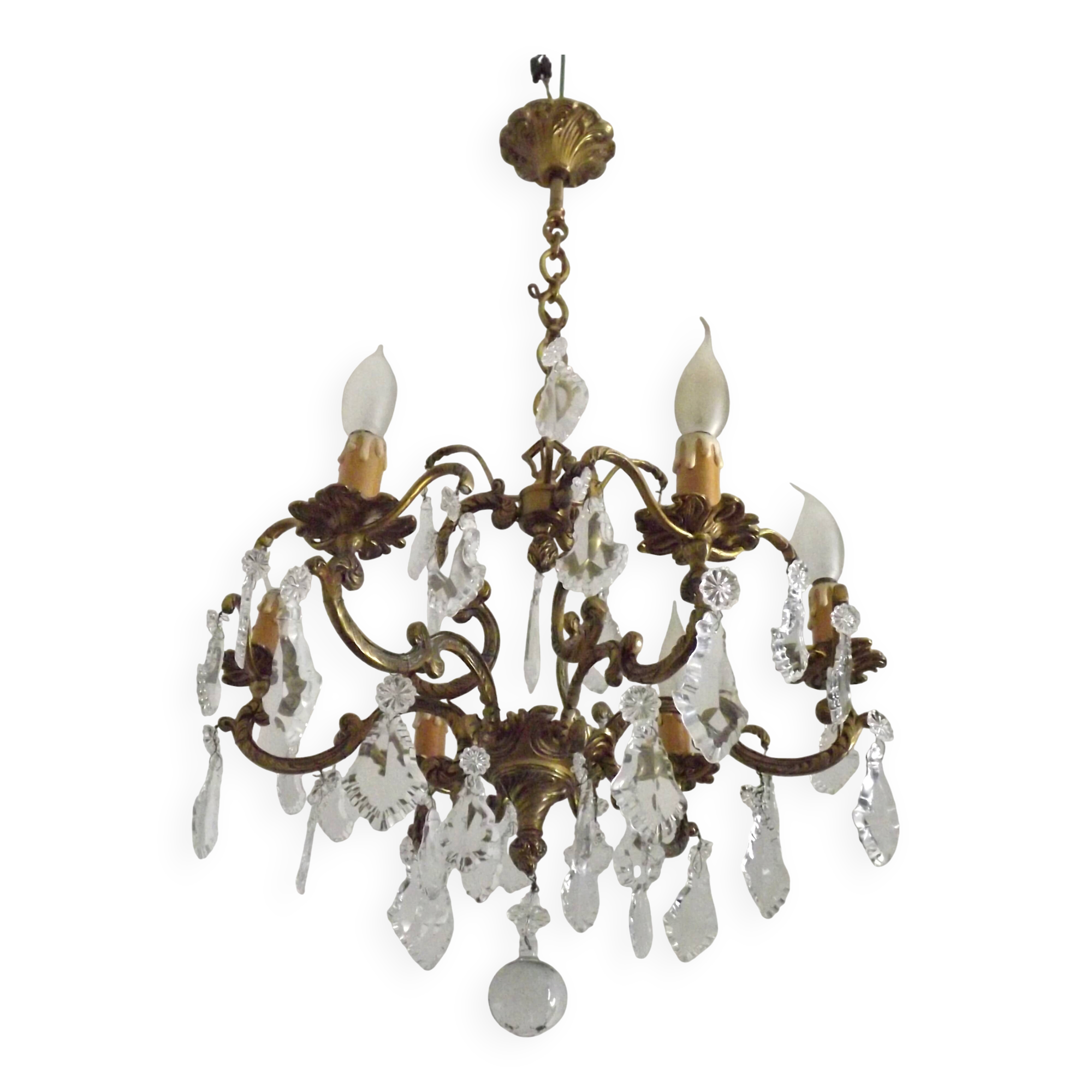 Lustre en bronze à 6 lumières, en cristal, en cage à 3 côtés de style Art Nouveau.