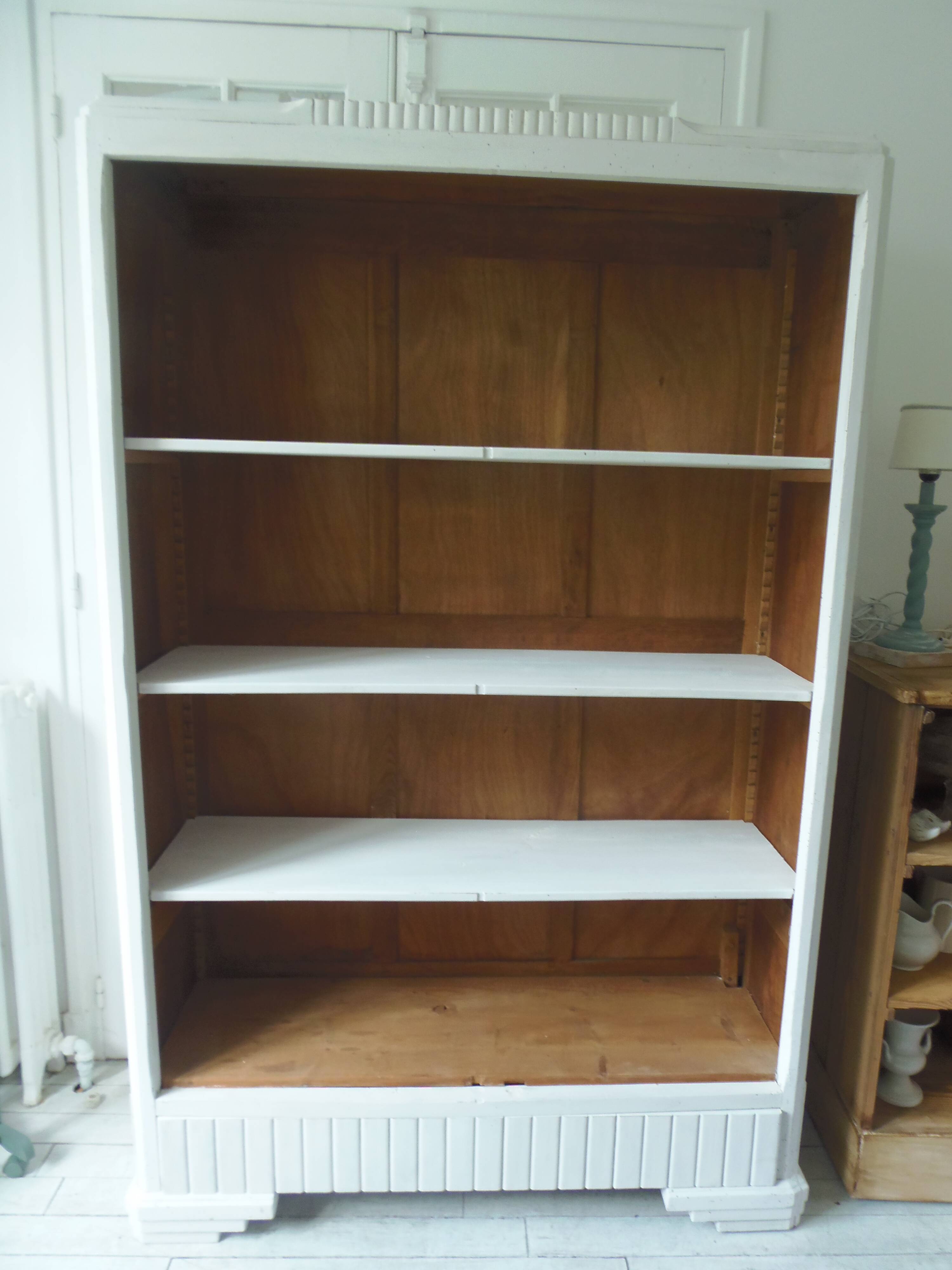 Re-enchanted vintage bookcase in pearl grey waxed finish.