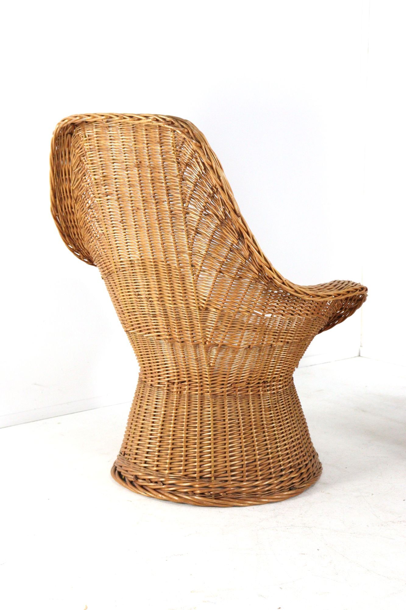 Set of 2 vintage rattan wicker armchairs with white teddy fabric