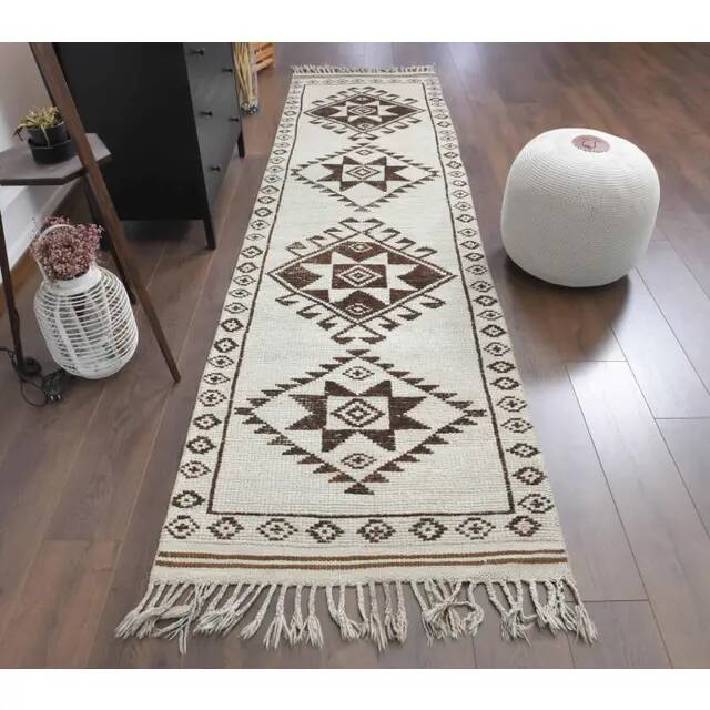1970s Vintage Turkish Hand-Knotted Wool Cotton Beige Runner Rug  90x340