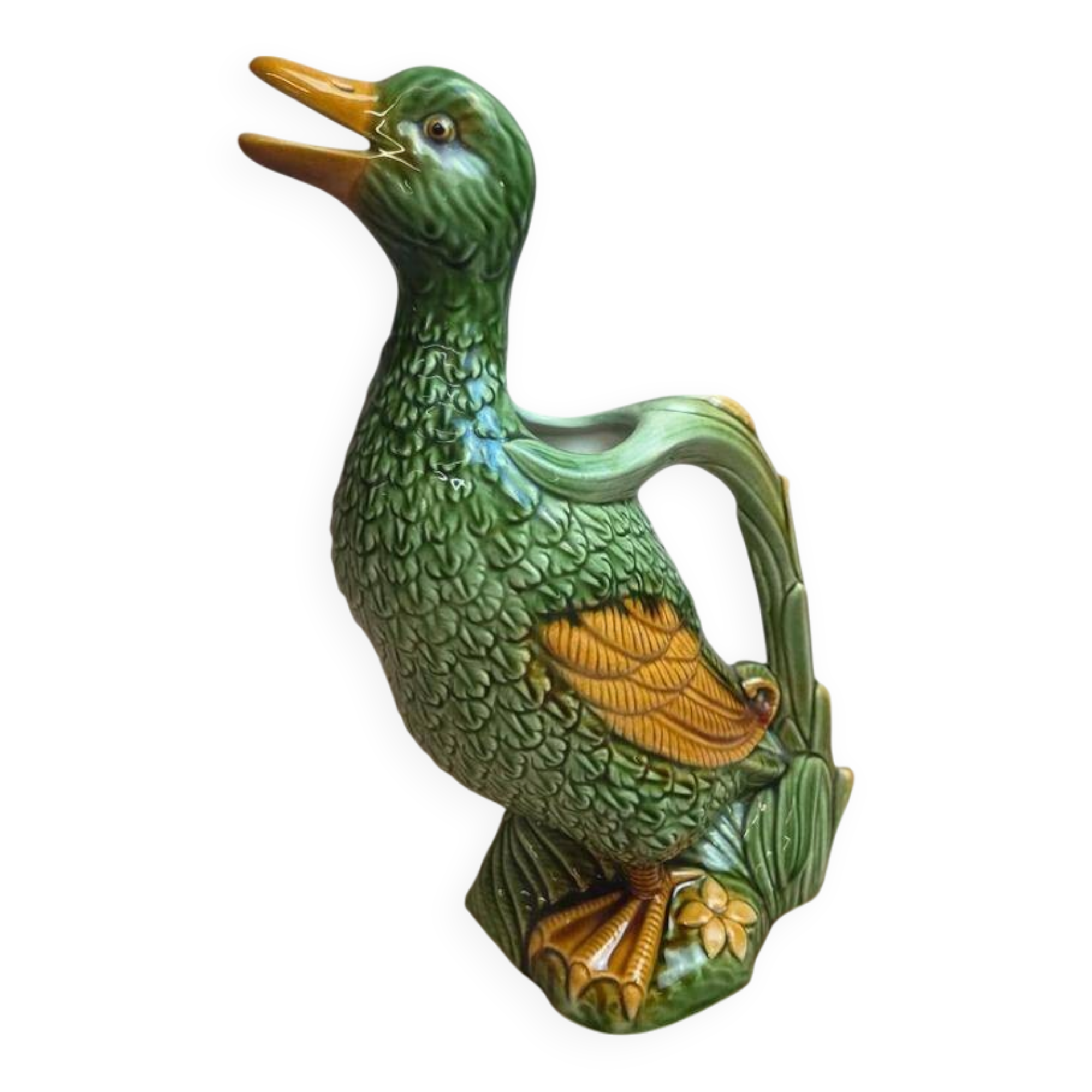Large vintage duck jug in barbotine – green glazed earthenware – 29 cm