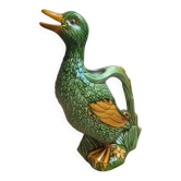 Grand pichet canard en barbotine vintage – faïence émaillée verte – 29 cm