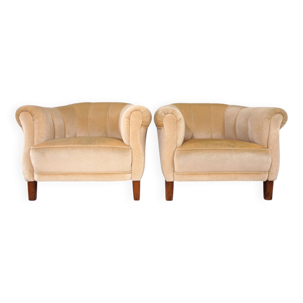 Paire de fauteuils de club Art Déco en mohair couleur champagne, 1930