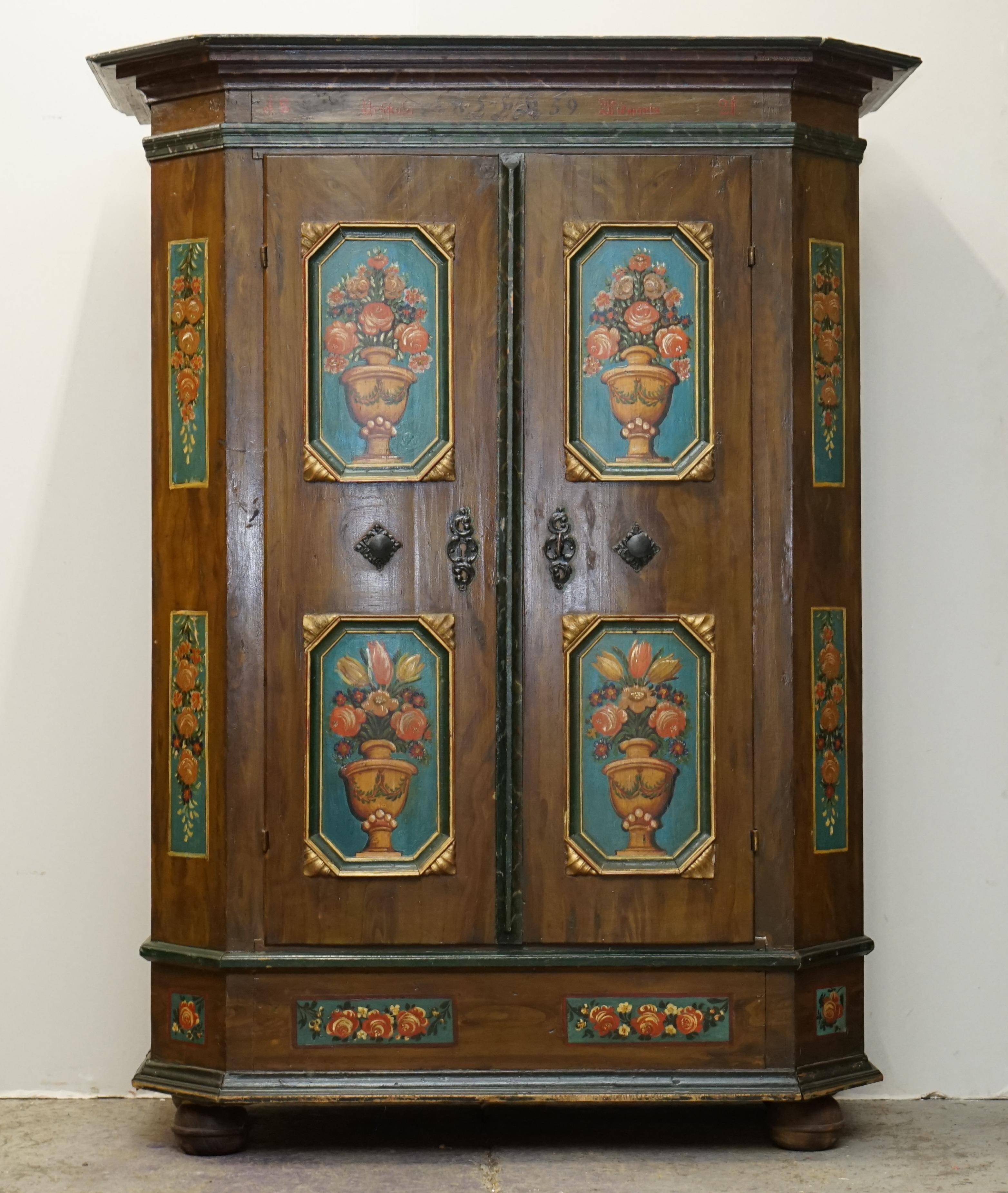 Armoire de mariage allemande peinte à la main, ancienne, 1829-1851