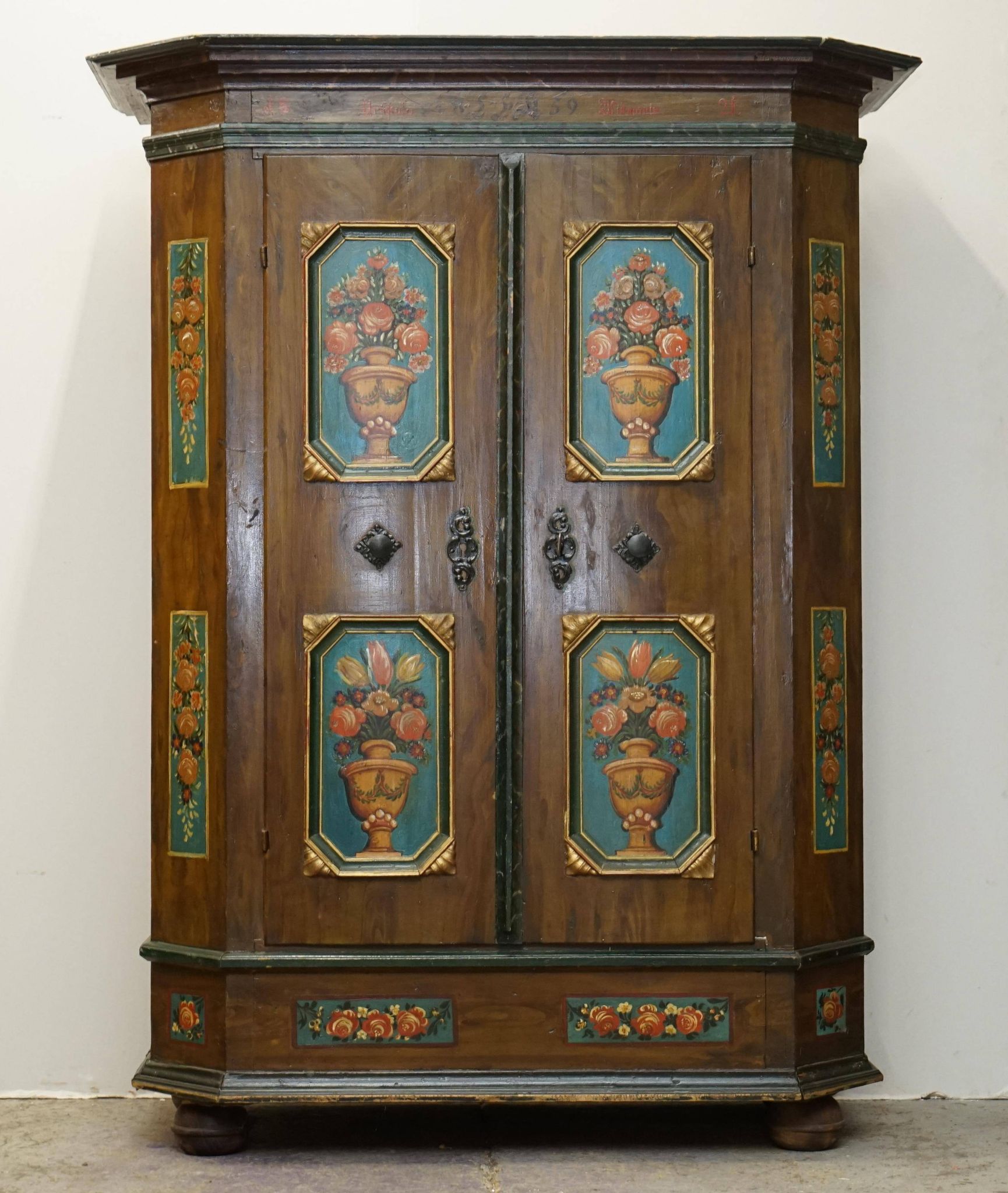 Armoire de mariage allemande peinte à la main, ancienne, 1829-1851