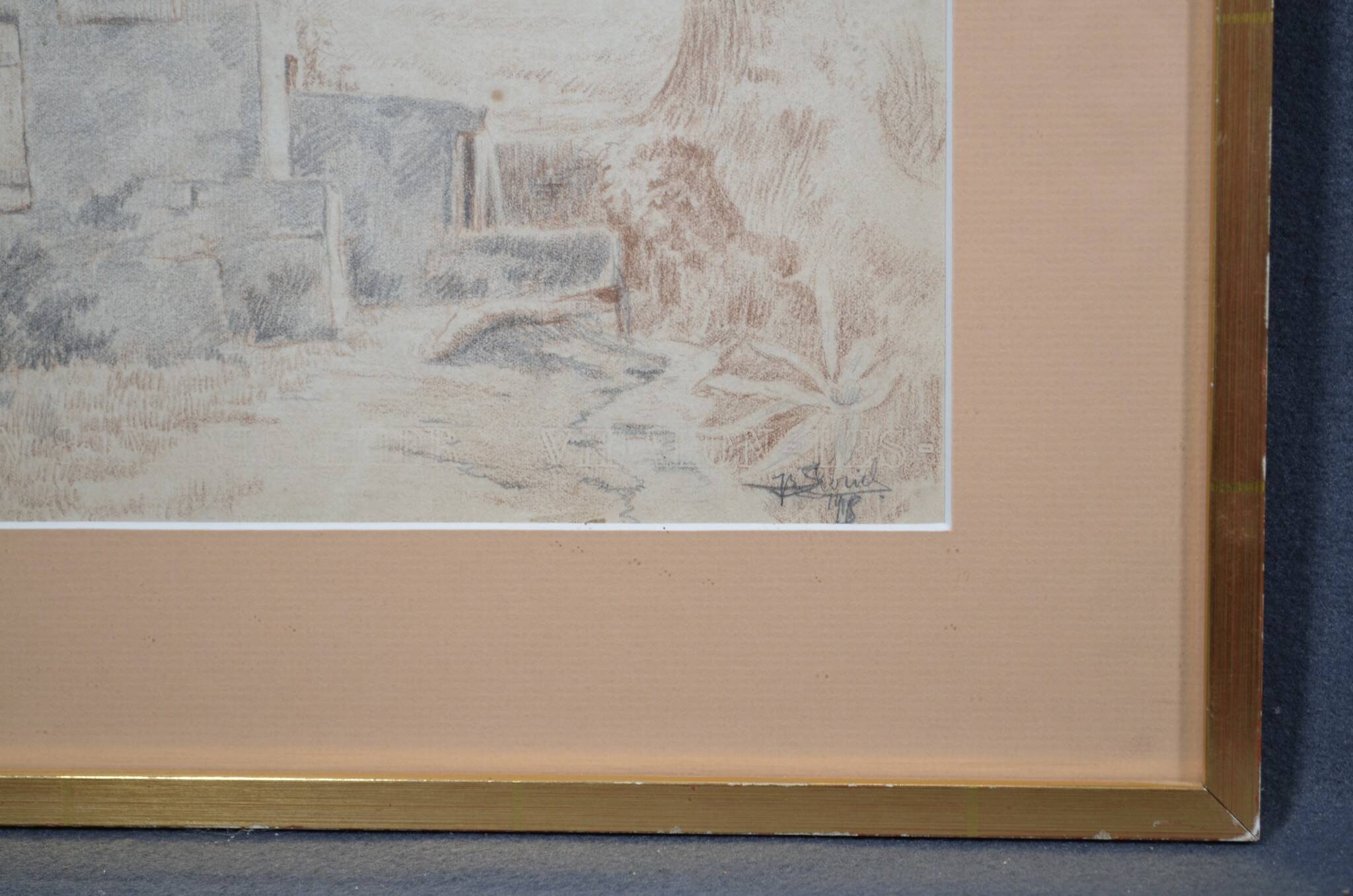 Pencil drawing "Landscape of Ruins" 1918 signed and dated