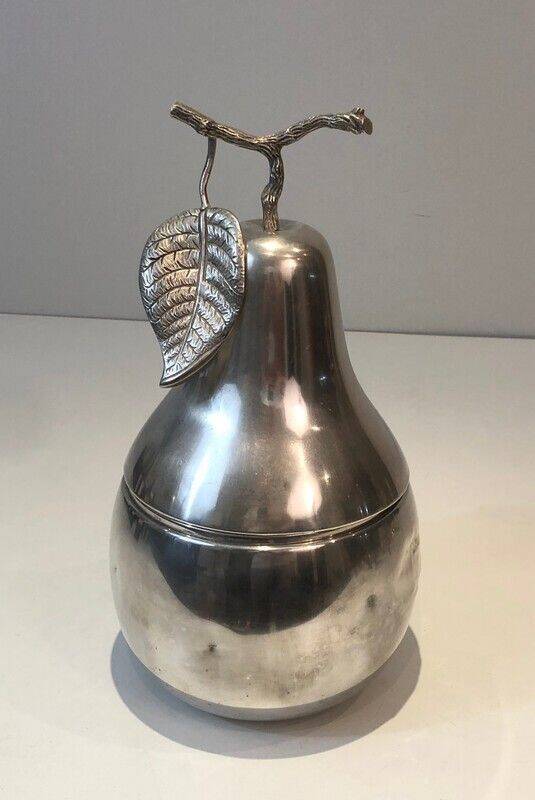 Silver-plated metal and plastic pear-shaped ice bucket.