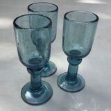 Set of 3 biot bubbled glass of turquoise blue color