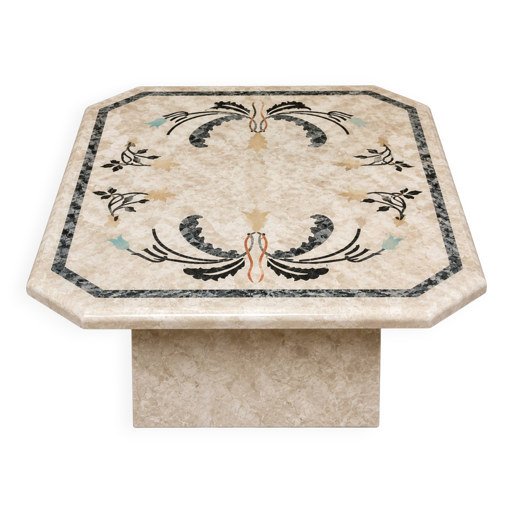 Table basse années 70-80 marqueterie de marbre tessellé -décor florale