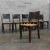 Suite of 6 chairs brutalist style straw and solid oak