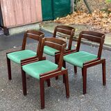 Scandinavian dining table and 4 Hans Olsen style chairs in teak and velvet.