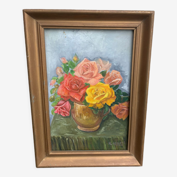 Painting on framed wood panel the bouquet of roses signed and vintage