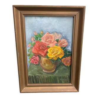 Painting on framed wood panel the bouquet of roses signed and vintage