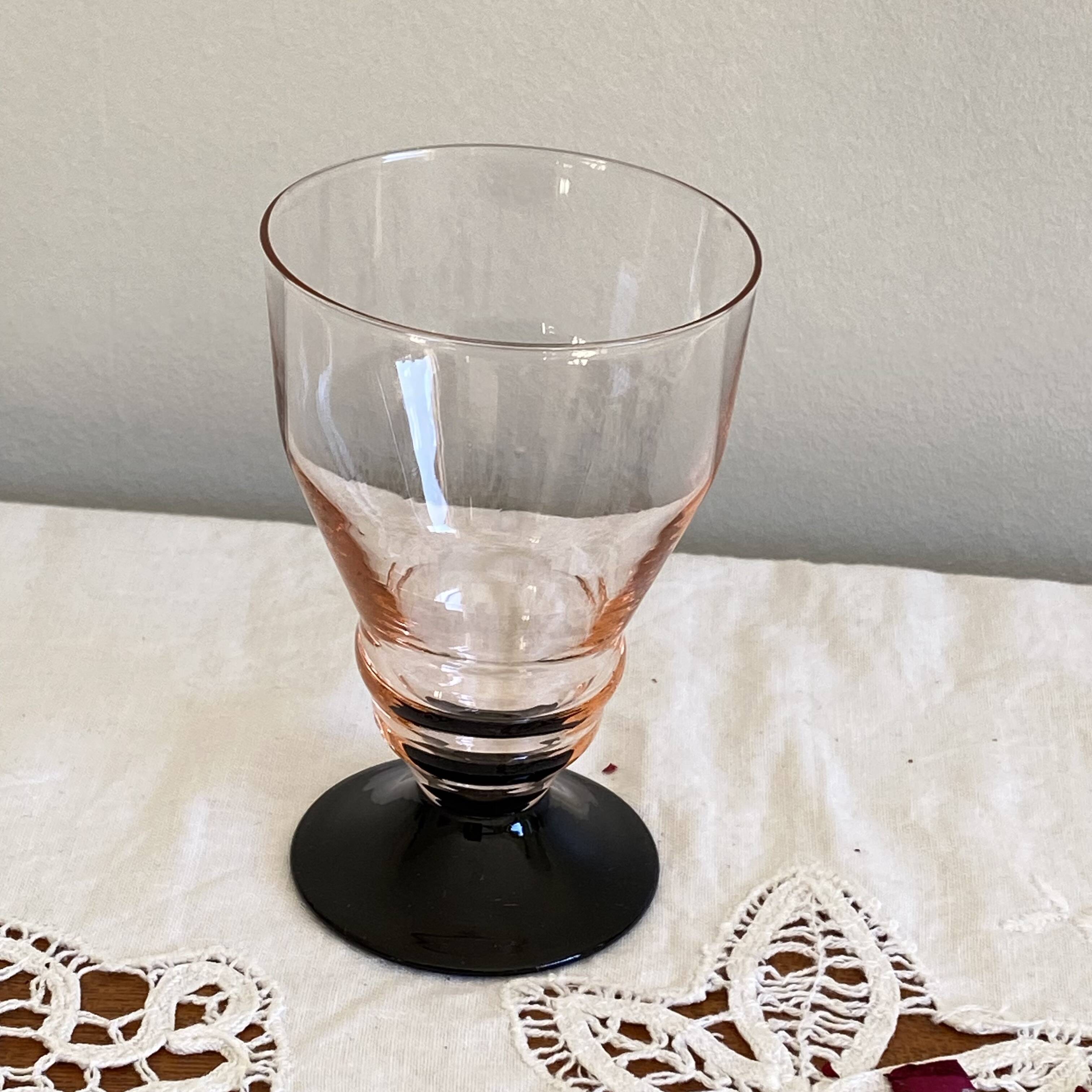 8 pink art deco wine or water glasses with black stem