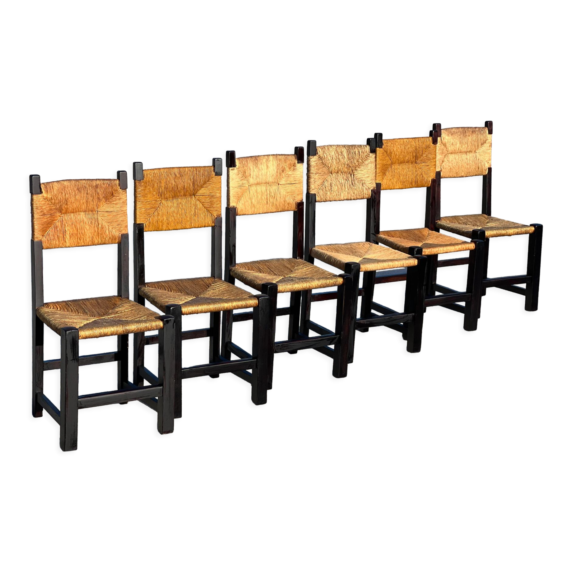 Set of 6 oak and straw chairs 1960