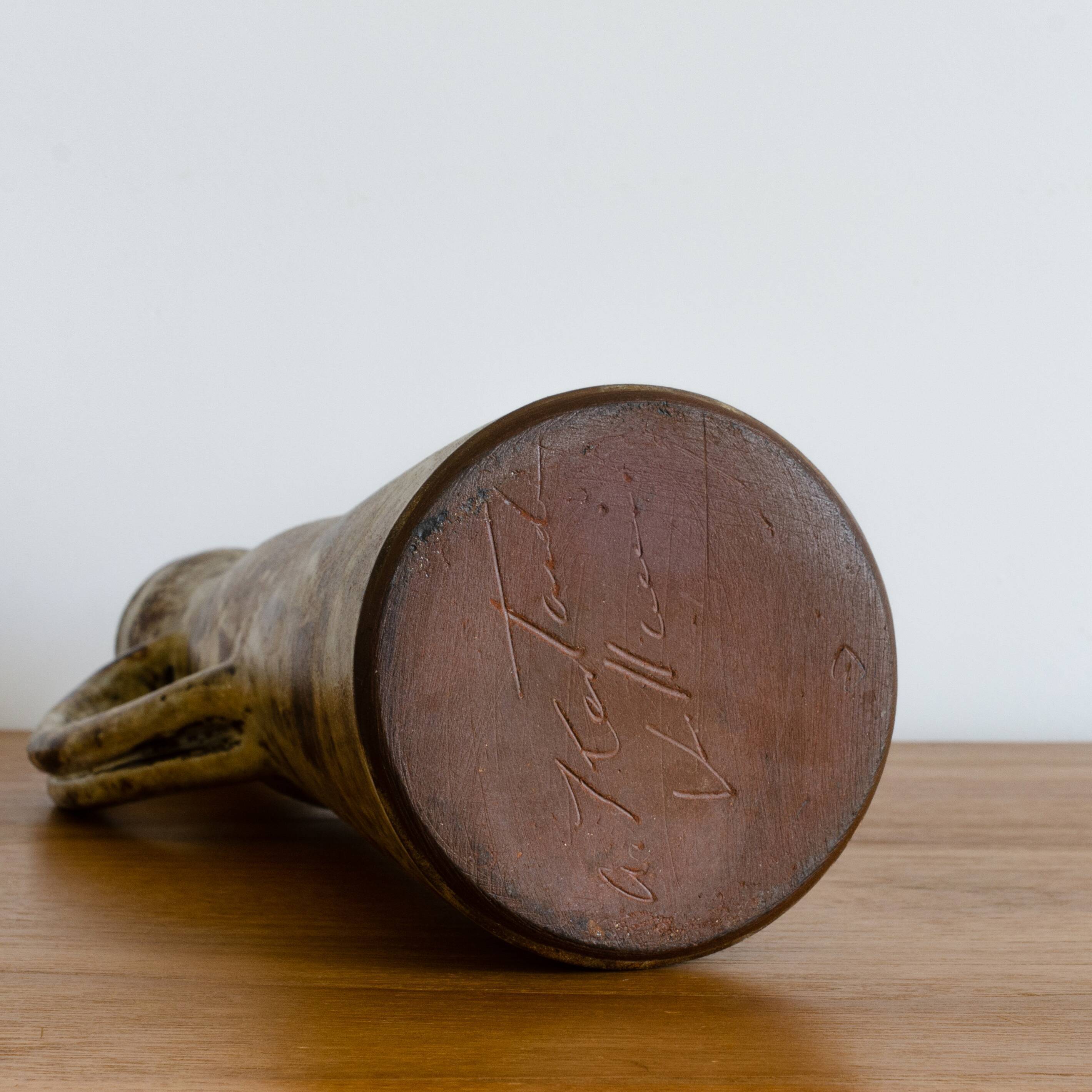 Pitcher by Alexandre Kostanda enamelled grey and yellow ochre, Vallauris France - Circa 1960