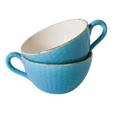 Pair of digoin sarreguemines cups textured sky blue and gold edging 1950