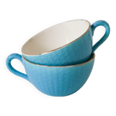 Pair of digoin sarreguemines cups textured sky blue and gold edging 1950