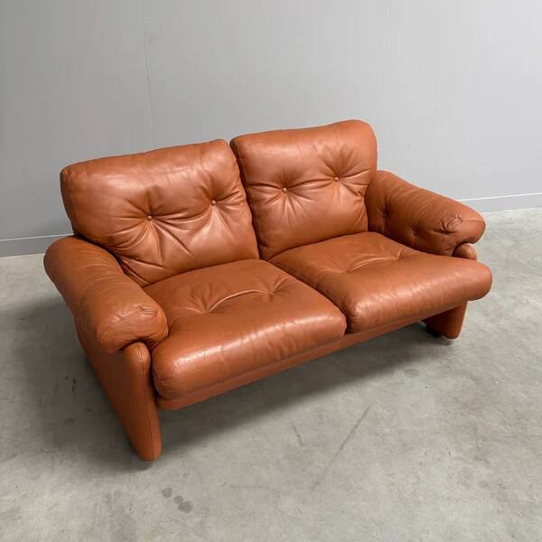 Cognac leather Coronado 2 seat sofa by B&B Italia, Italy 1960s