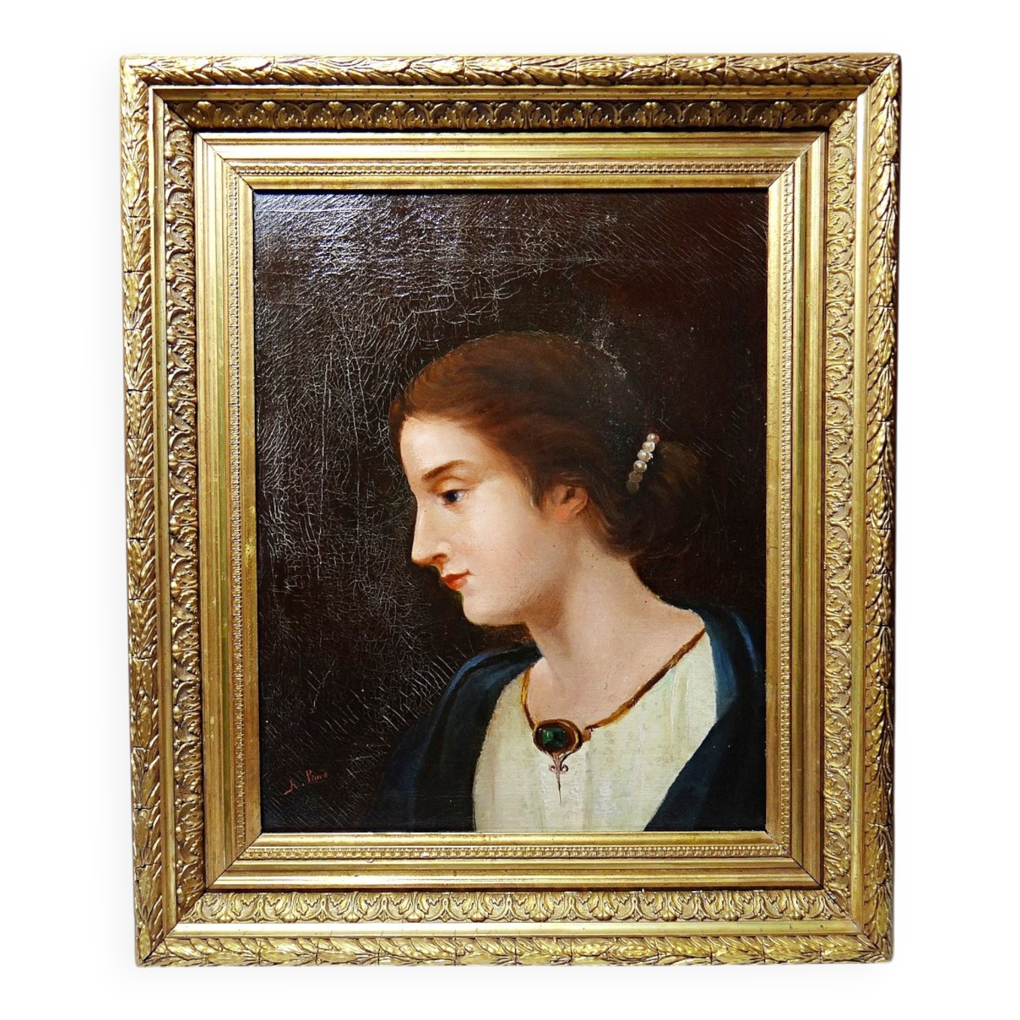 Old portrait of a young woman in profile, oil on canvas A. Piard 19th century