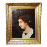 Ancien portrait de jeune femme de profil, huile sur toile A.Piard XIXe