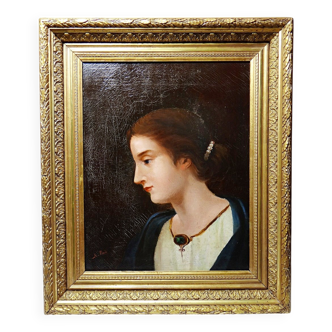 Old portrait of a young woman in profile, oil on canvas A. Piard 19th century
