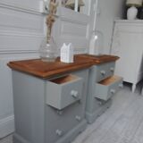 2 beautifully crafted bedside tables re-enchanted in verdigris