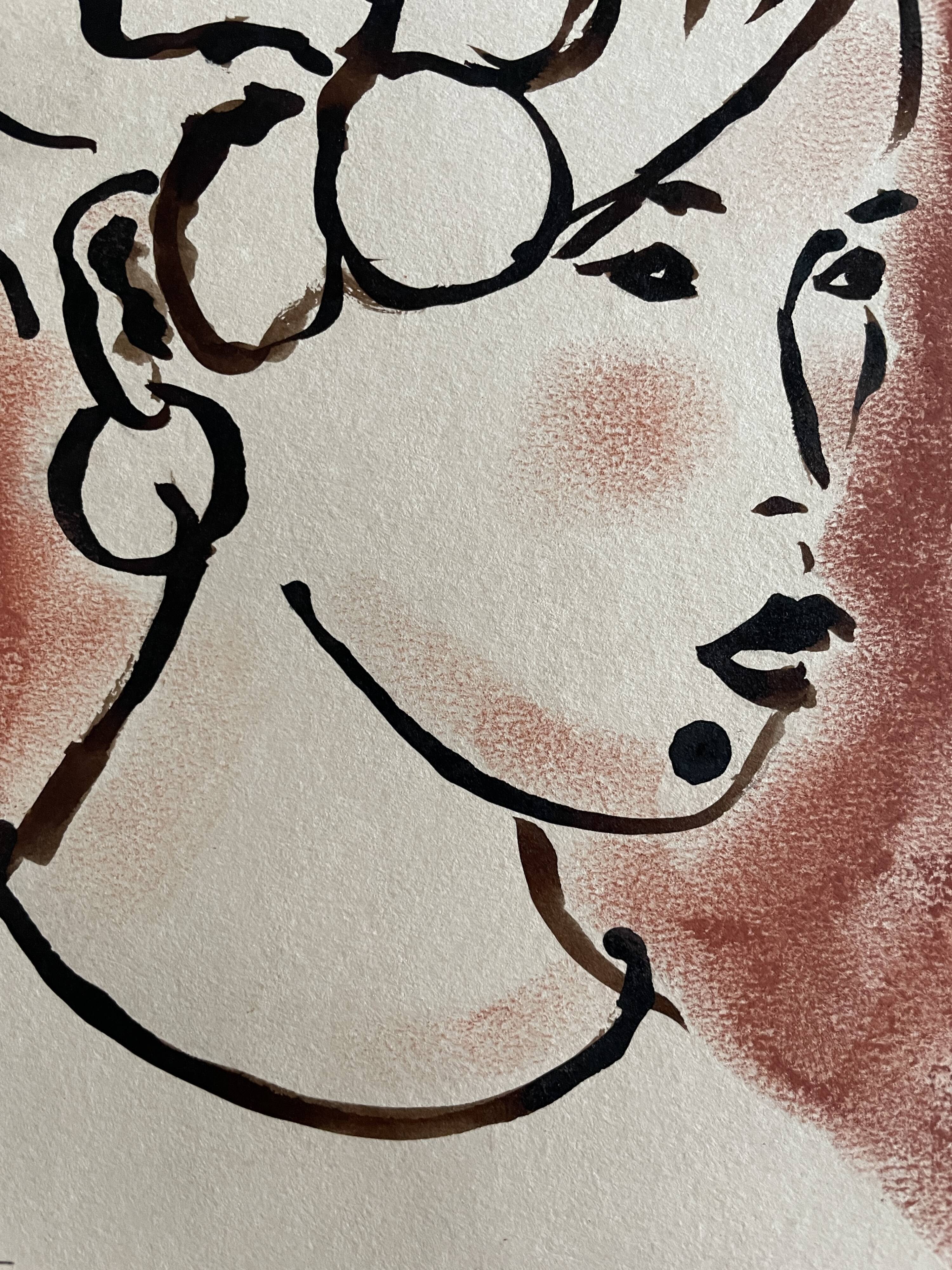 Signed painting in Indian ink and pastel, female portrait “study with a curl”