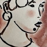 Signed painting in Indian ink and pastel, female portrait “study with a curl”