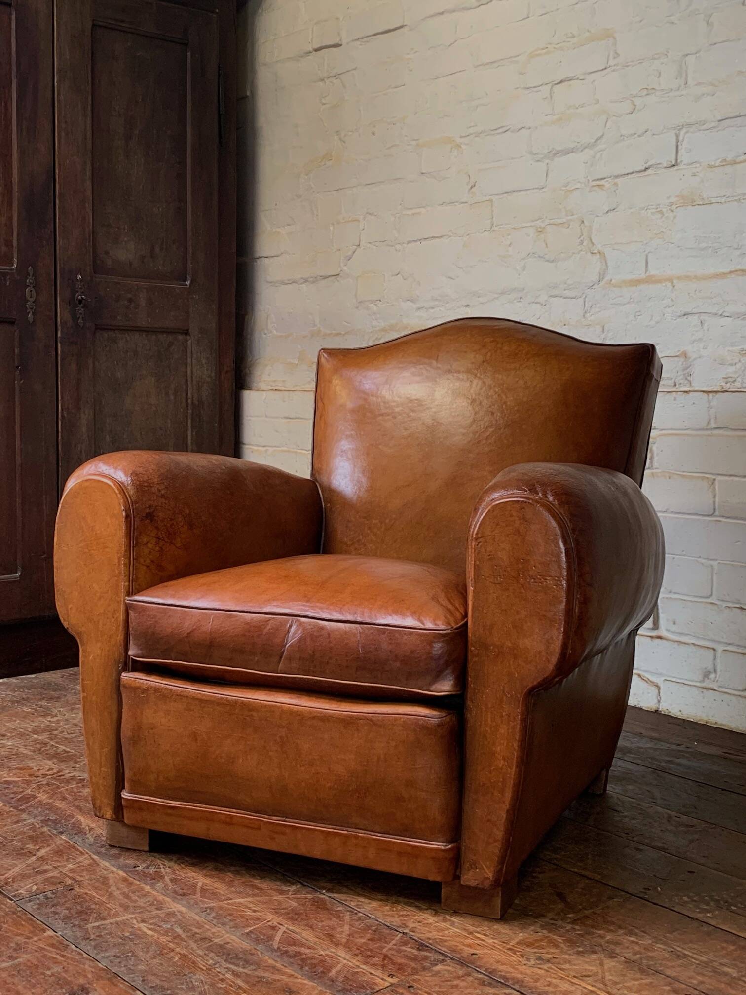 French leather club chair chapeau de gendarme in caramel c 1950