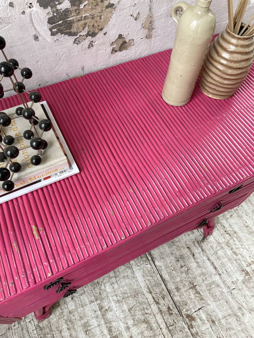 Vintage pink rattan chest of drawers