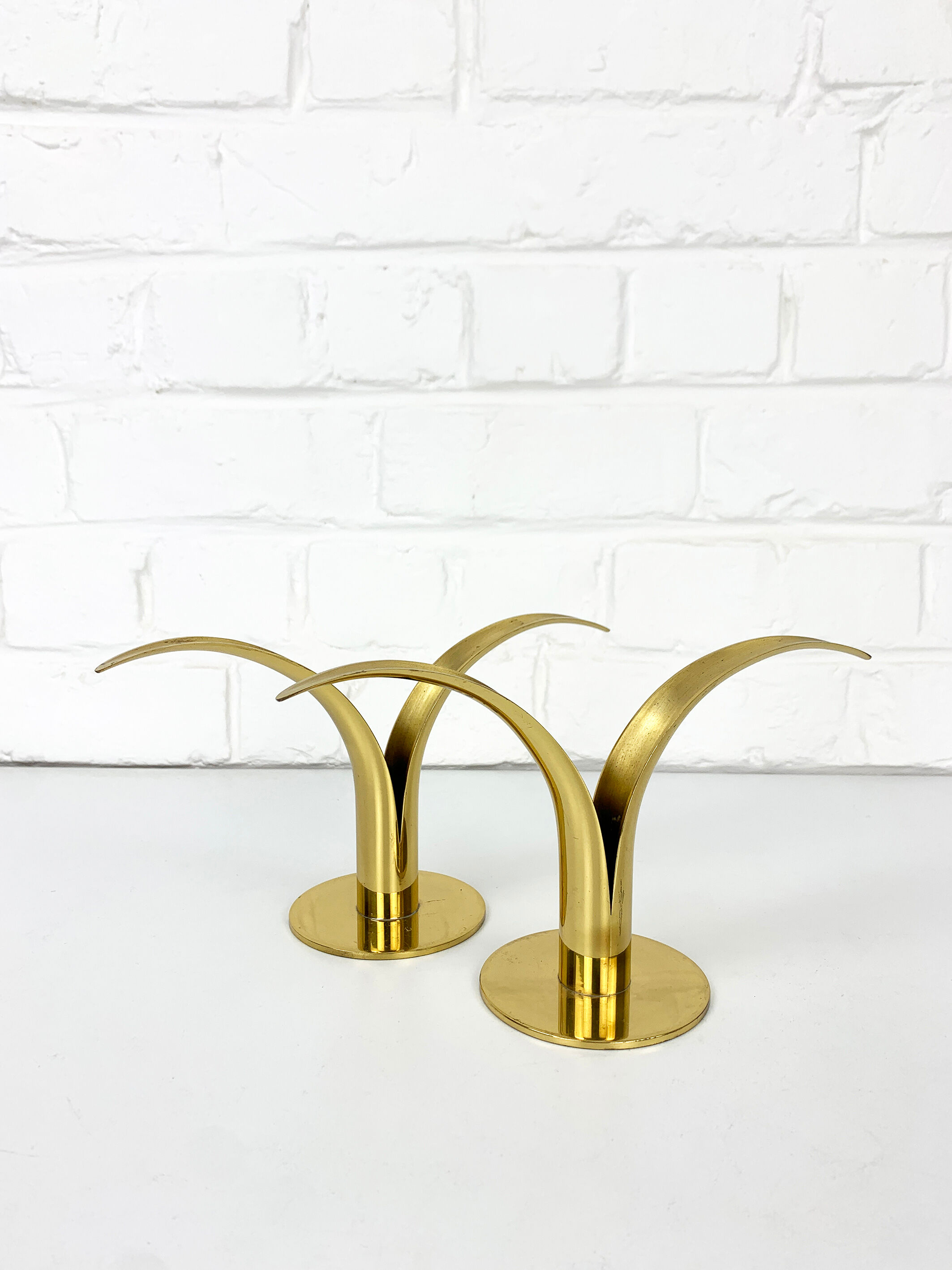 Pair of Lily brass candle holders, Ystad Metall, Sweden, design Ivar Ålenius Björk