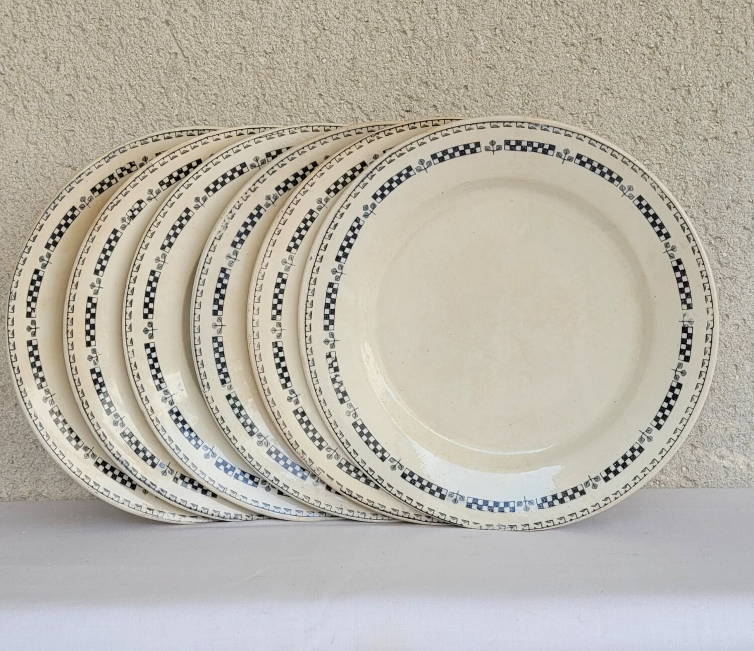Set of 6 flat plates model Sofia Gien Terre de fer border flowery blue and fo d cream
