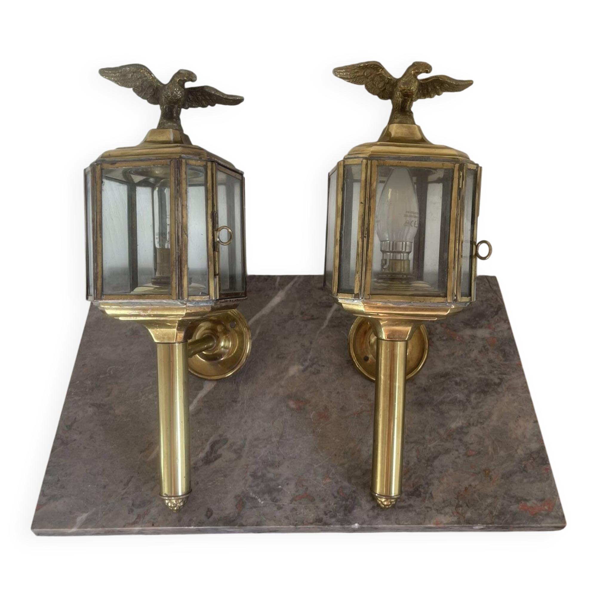 Old Pair of Gilded Brass Wall Lights in Carriage Lantern Eagle Empire Style