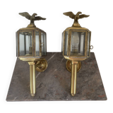 Old Pair of Gilded Brass Wall Lights in Carriage Lantern Eagle Empire Style