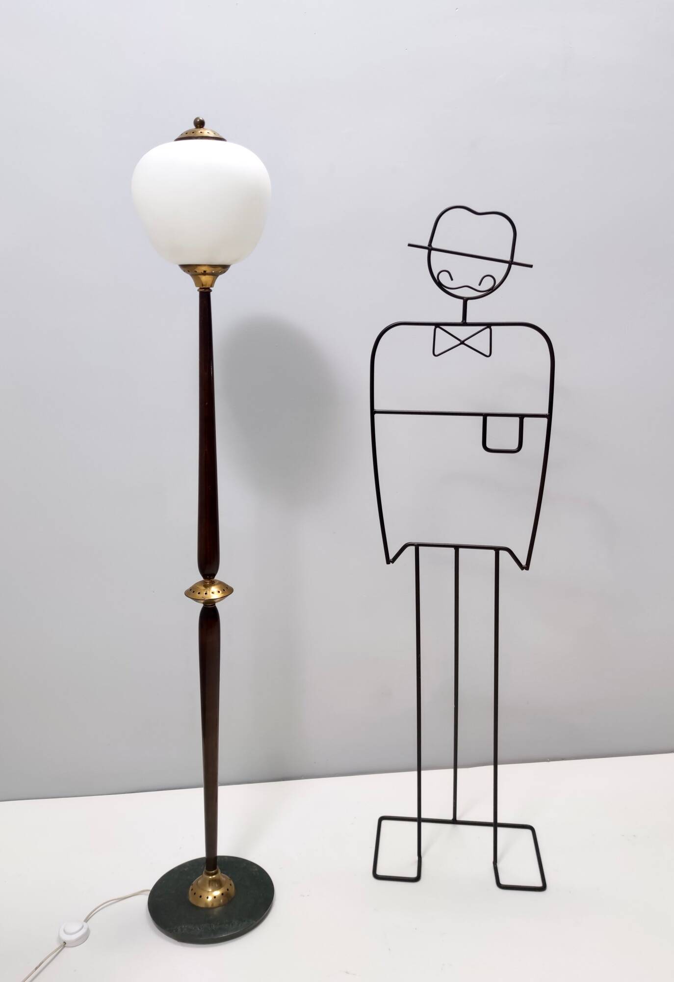 Opaline Glass, Beech and Brass Floor Lamp with Marble Base, Italy